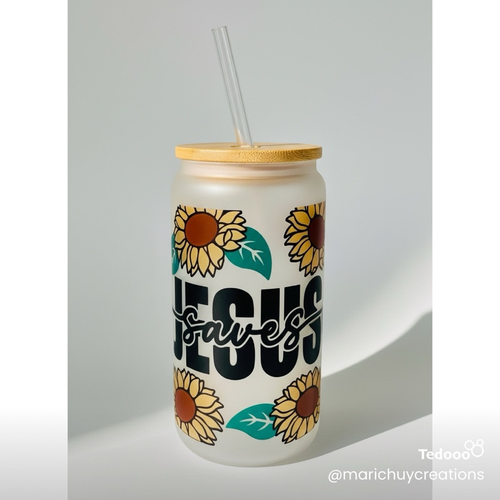 Sunflower Jesus Saves Tumbler with Straw